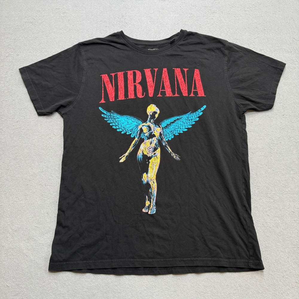 Nirvana In Utero T-Shirt Men's Large Black Graphic Blue Angel Wings Short Sleeve
